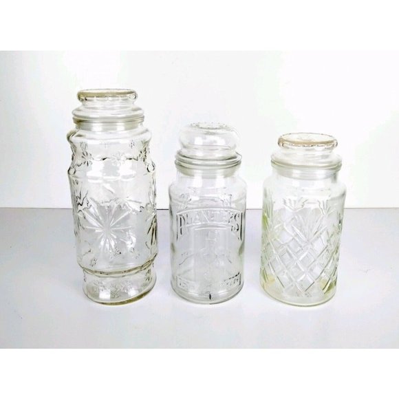 Vintage Other - VTG 3 Planters Peanuts Mr. Peanut Collectible Glass Canisters Anniversary